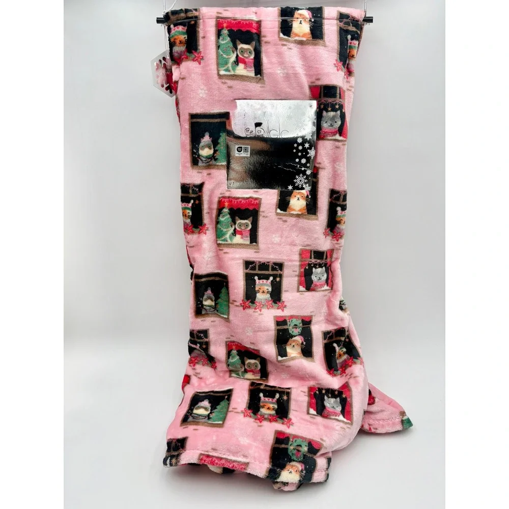 Winter Magic Throw Blanket Velvet Soft Pink Christmas Holiday Cats Windows‎